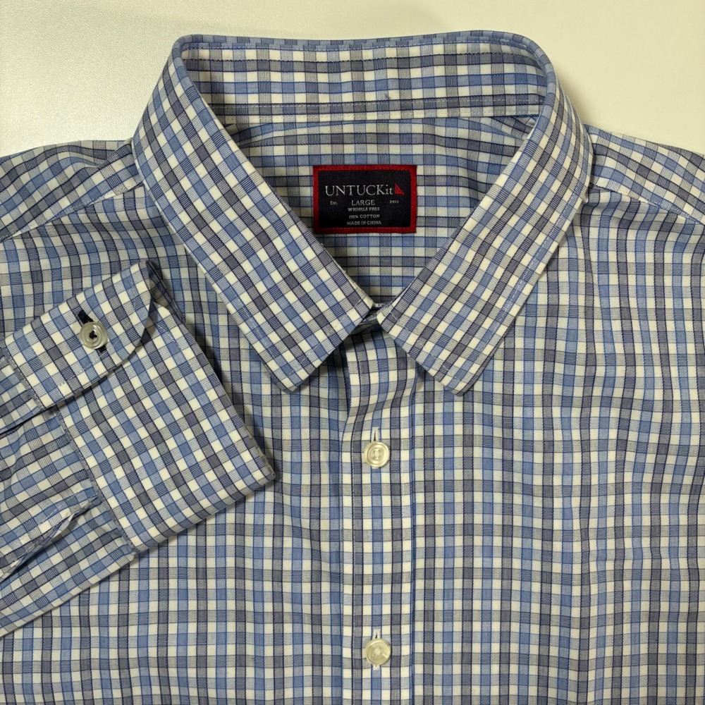 UNTUCKit Button Down‎ Shirt Large Blue Gingham Check Wrinkle Free Oxford
